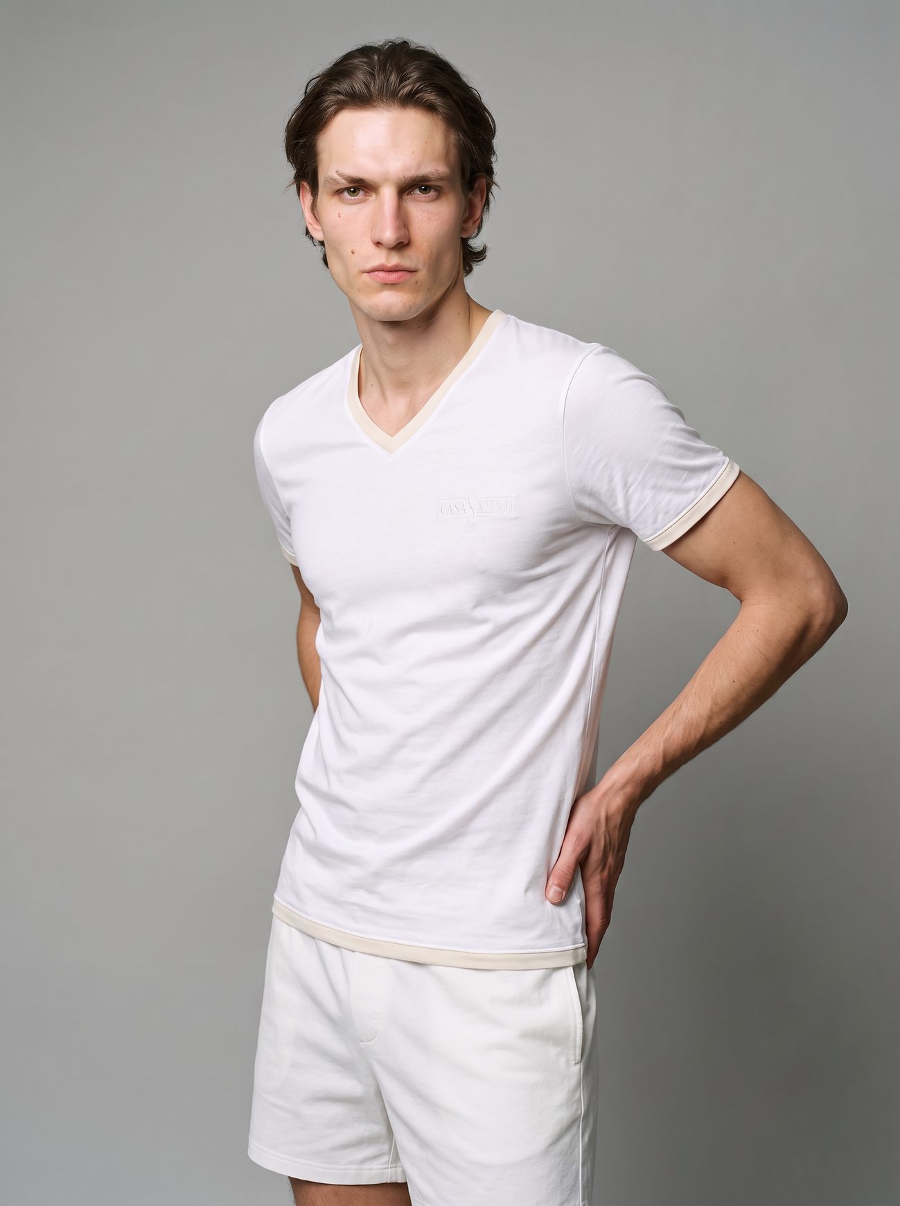 CAPRI ringer tee in light cream, neckline detail