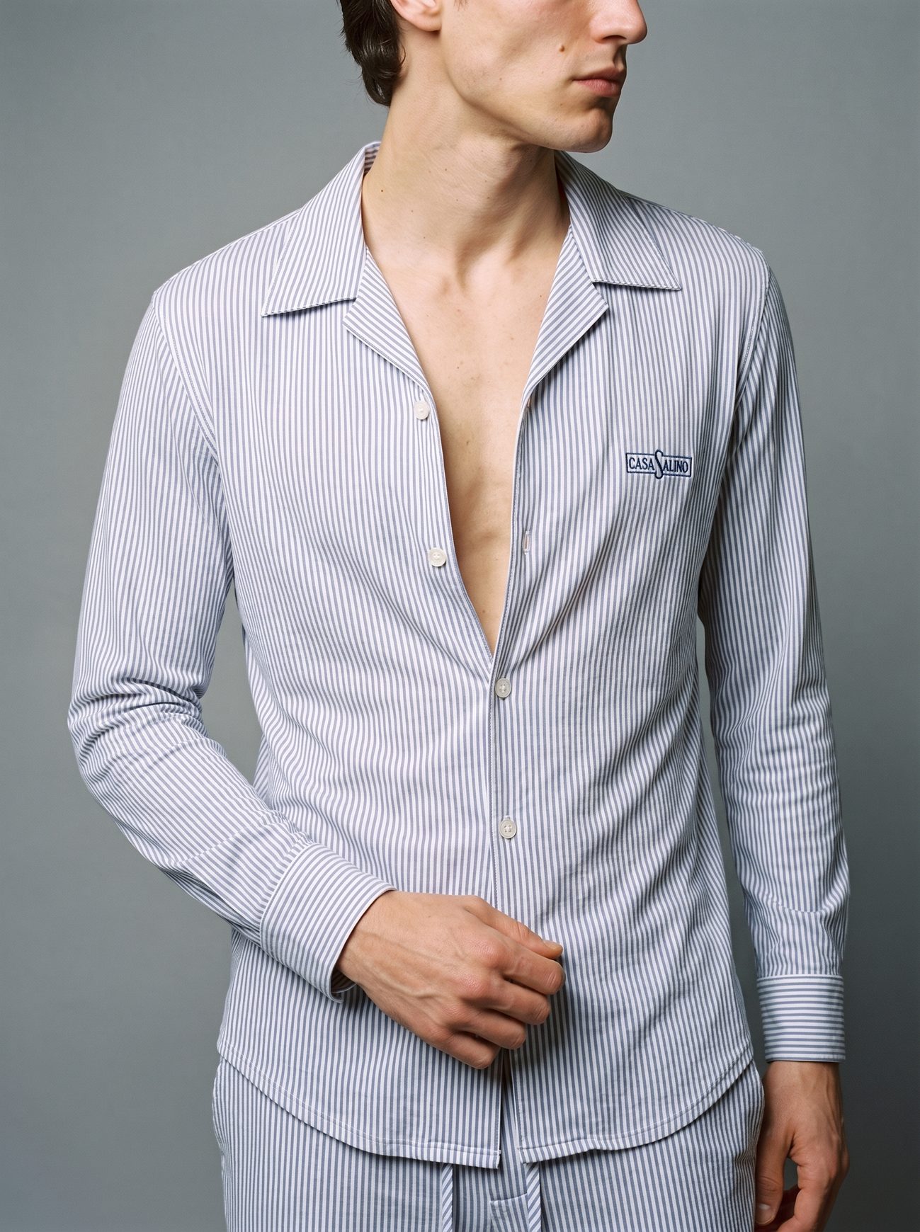 SORRENTO pinstripe camp shirt, chest detail